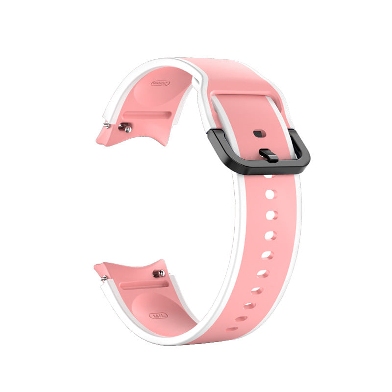 Pink and white silicone smartwatch band with black buckle and adjustment holes for Galaxy Watch 4 and Vivomove HR