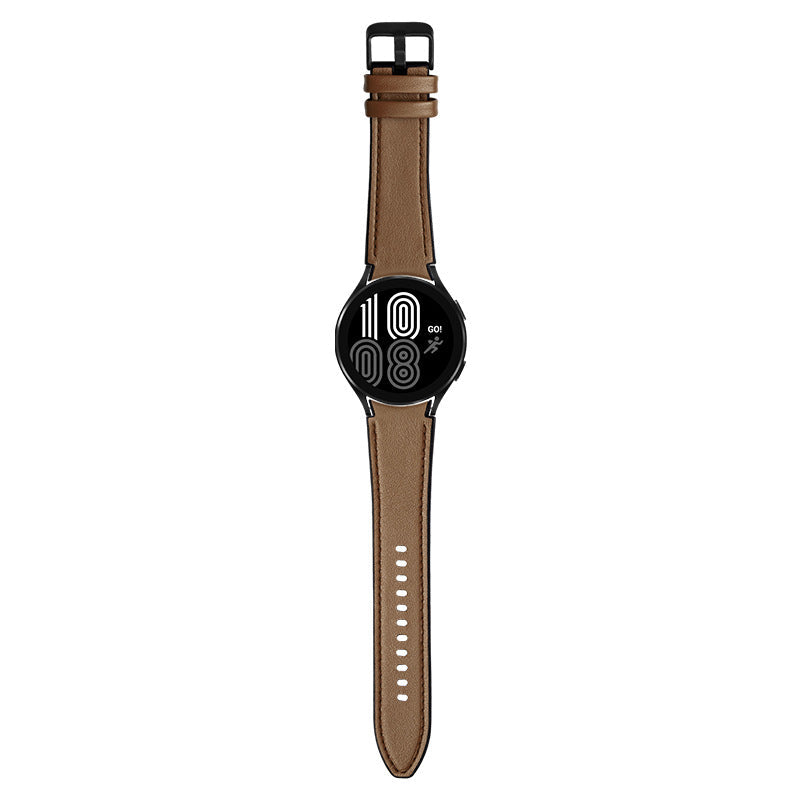 Black smartwatch with tan leather strap and digital display showing time