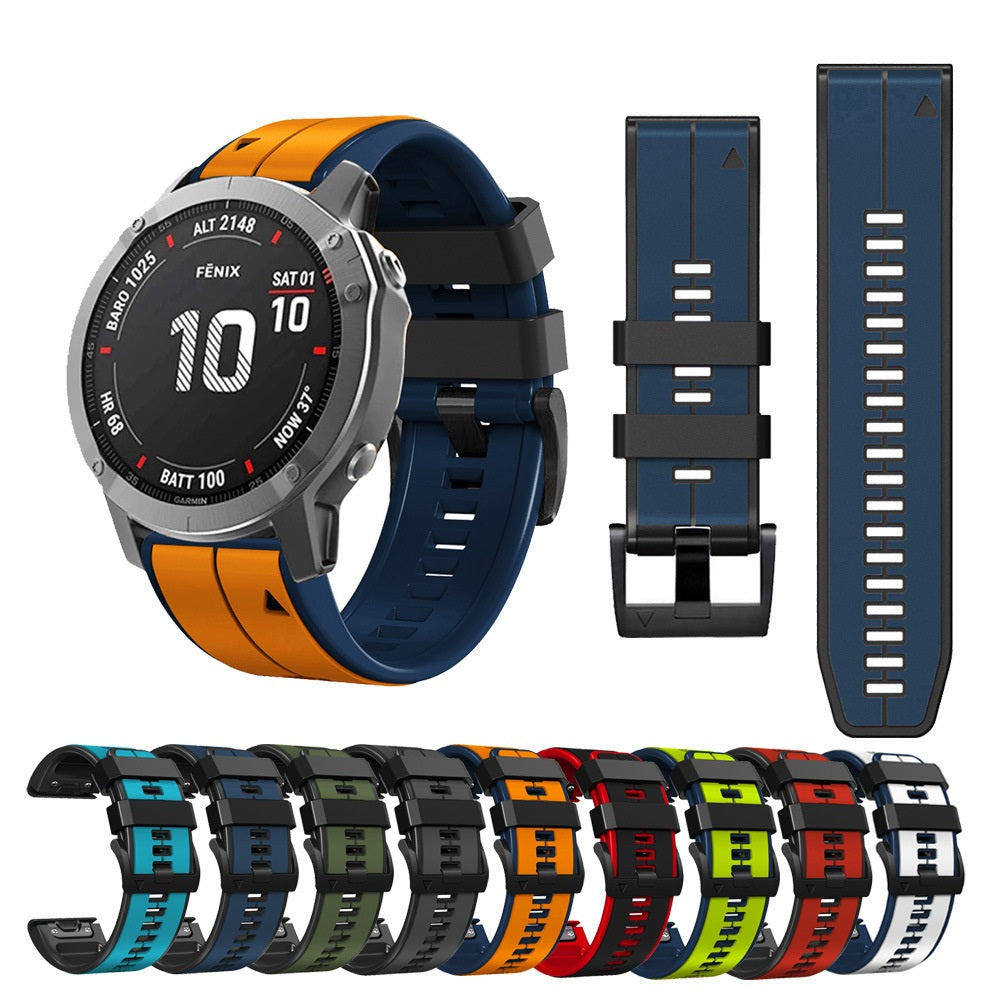 Fenix smartwatch with orange and blue silicone band, shown with multiple interchangeable quickfit straps in various colors