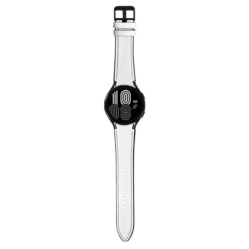 Black and white leather hybrid smartwatch with round dial, digital display and white leather strap