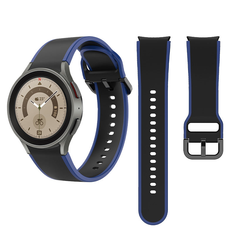 Samsung Galaxy Watch smartwatch with blue and black silicone sport band, showing interchangeable strap options with adjustable buckle closure