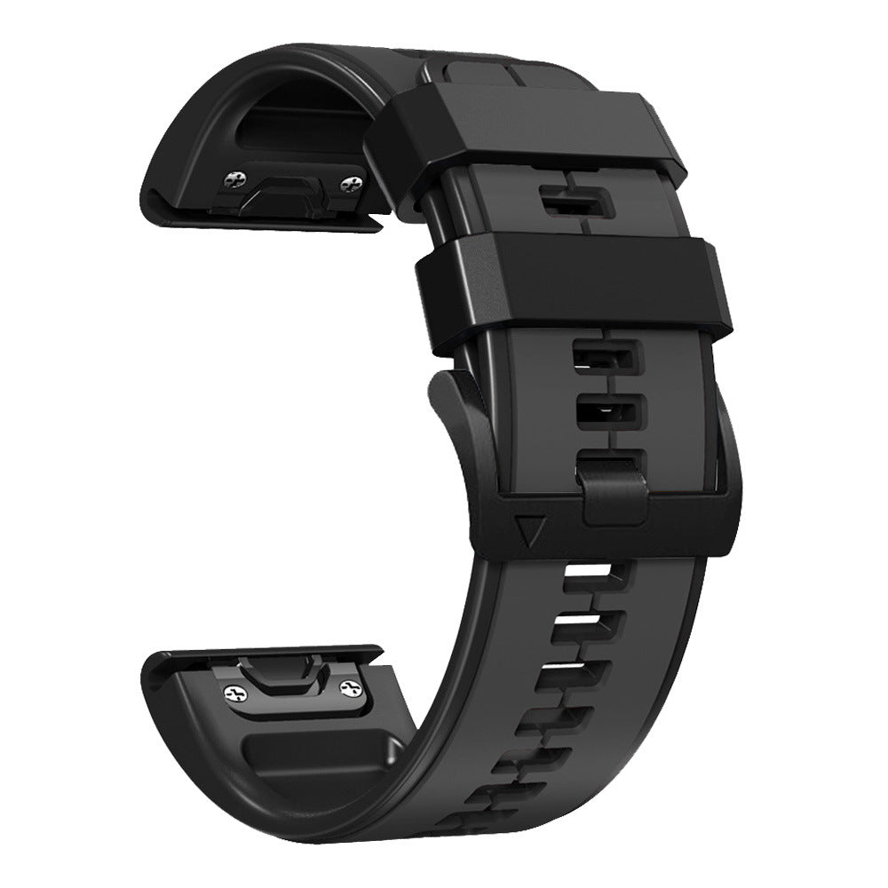 Black silicone quick-fit watch band with two-tone design and adjustable strap for sports watches