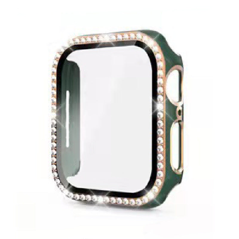 Green diamond-studded protective case for Apple Watch with built-in screen protector and rose gold accents