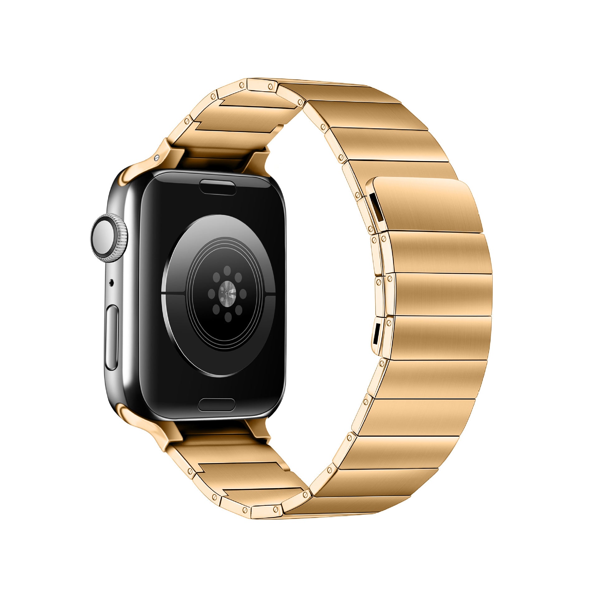 Smartwatch with stainless steel case and gold magnetic link bracelet, featuring digital display and side button