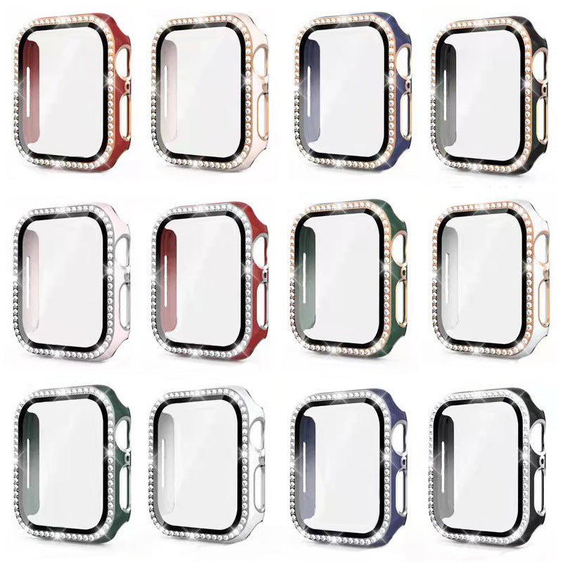 Smartwatch protective cases in 12 colors with rhinestone bezels and tempered glass screens, red, beige, navy, black, green options
