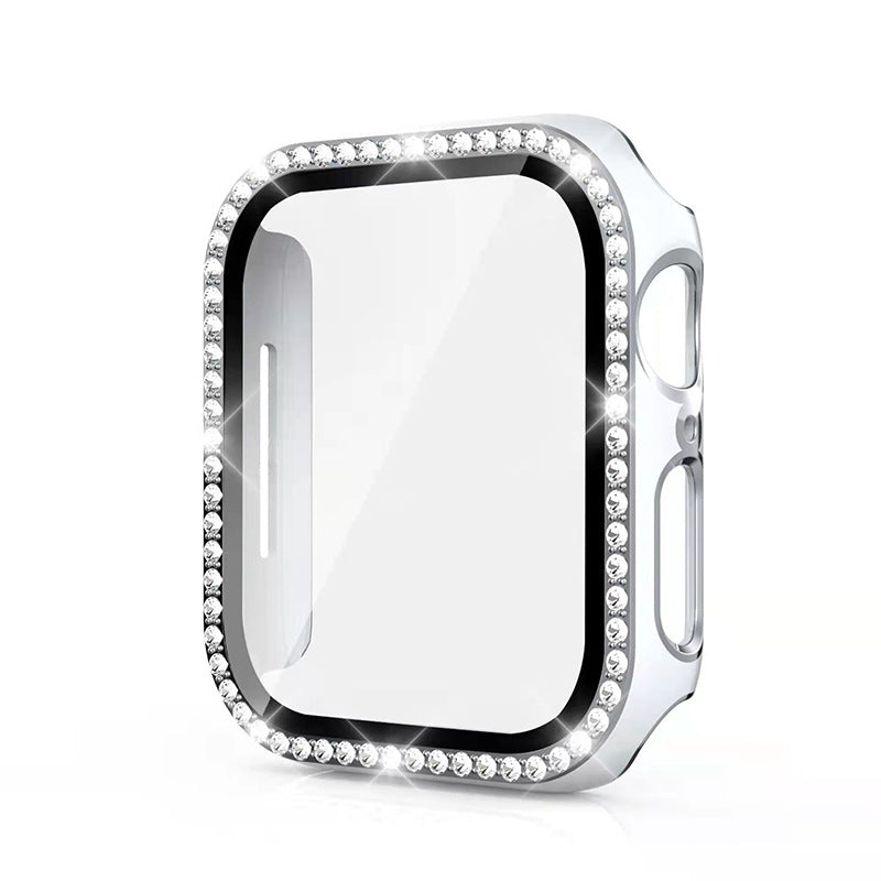 Silver sparkle diamond-studded protective case for Apple Watch with crystal rhinestone bezel and clear protective screen