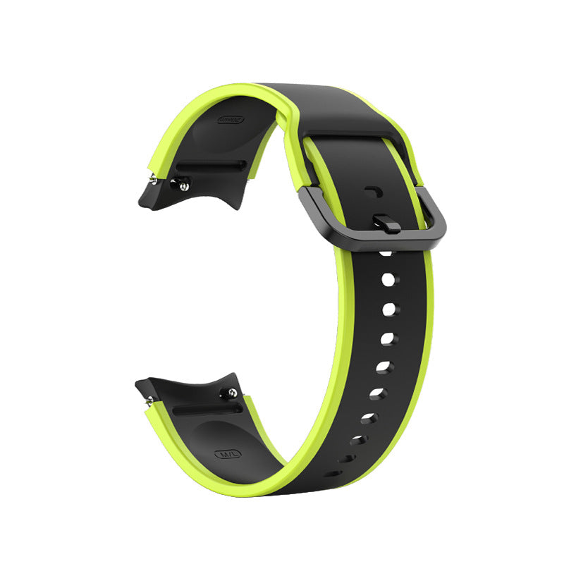 Neon yellow and black two-tone silicone smartwatch band with gray buckle and adjustment holes for Galaxy Watch 4-7 and Vivomove HR