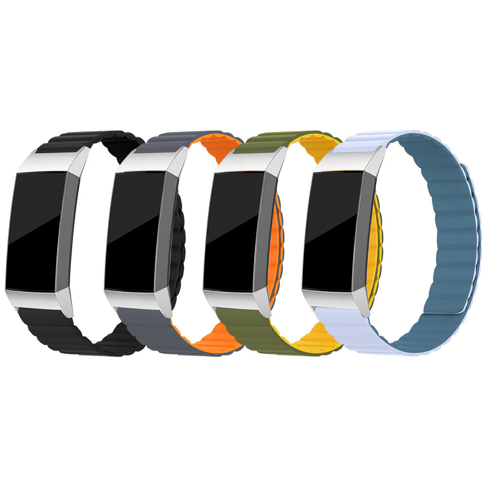 Set of four Fitbit Charge 3 and 4 smartwatch bands with magnetic silicone loop closures in black, orange, olive, and teal colors
