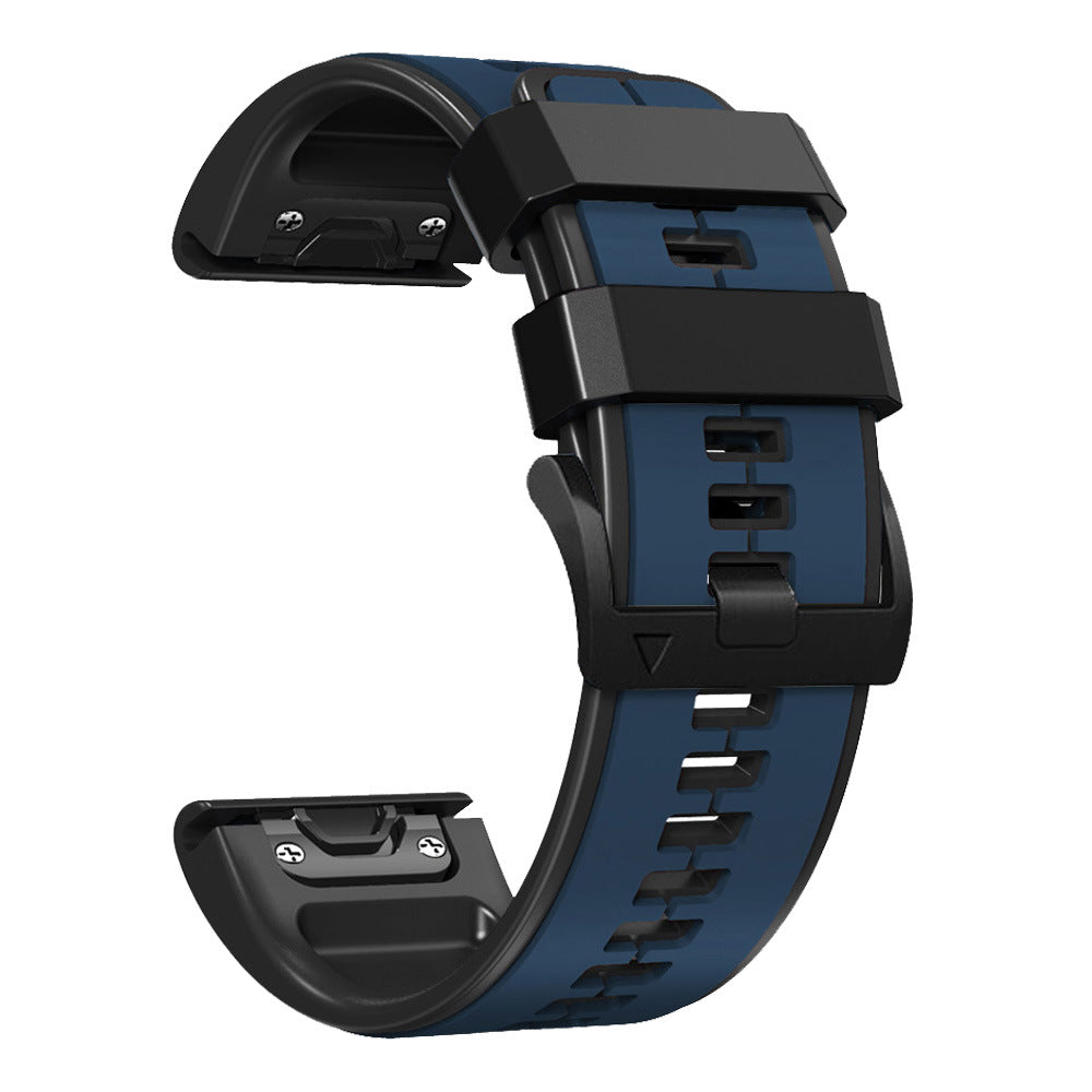 Two-tone navy blue and black silicone watch band with quick-fit connector and secure strap closure system