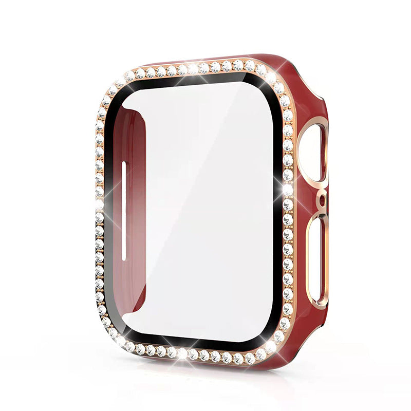 Red smartwatch case with diamond rhinestone crystal bezel and rose gold accents, protective bumper guard