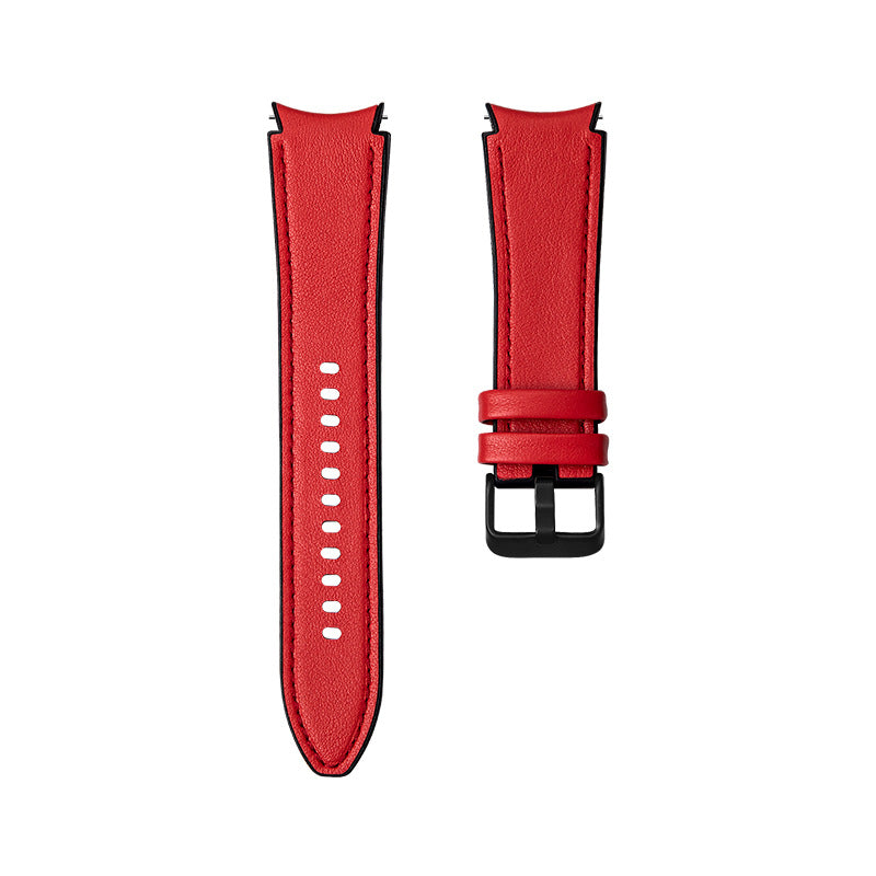 Red leather hybrid smartwatch band with black buckle and white stitching details for Galaxy Watch 4-7 and Vivomove HR
