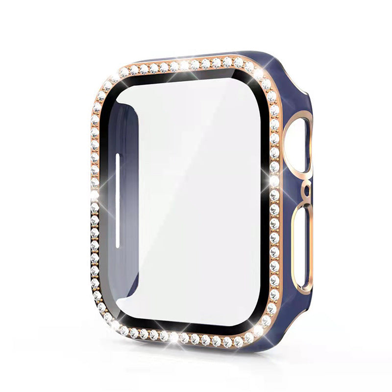 Navy blue rhinestone-studded protective watch case with rose gold accents and crystal bezel for smartwatch