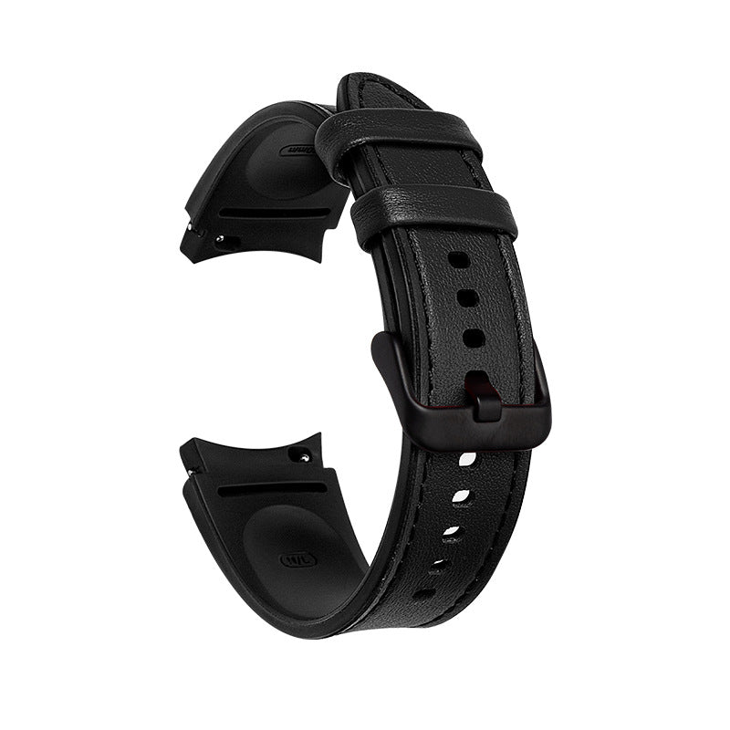 Black leather hybrid smartwatch band with adjustable buckle closure and quick-release connectors for Galaxy Watch compatibility