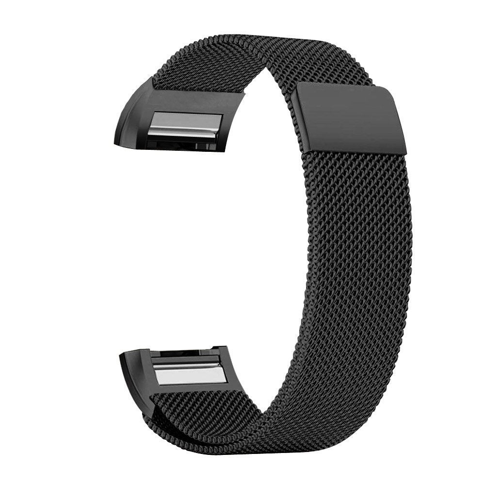 Black Milanese mesh band for Fitbit Charge 2 with magnetic closure and stainless steel buckle