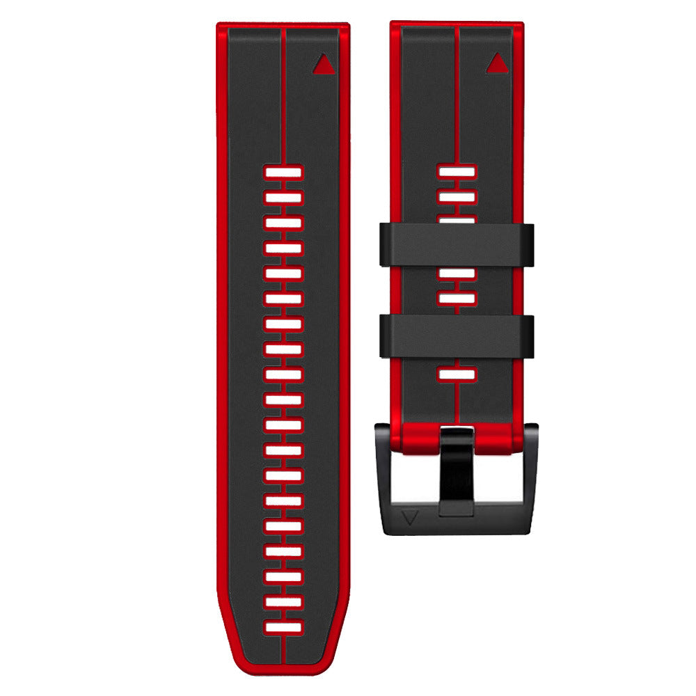 Red and black silicone watch band with quick-fit release system and adjustable sport strap with buckle closure