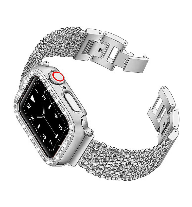 Silver chain mesh bracelet for Apple Watch with diamond-cut bezel and metal clasp closure