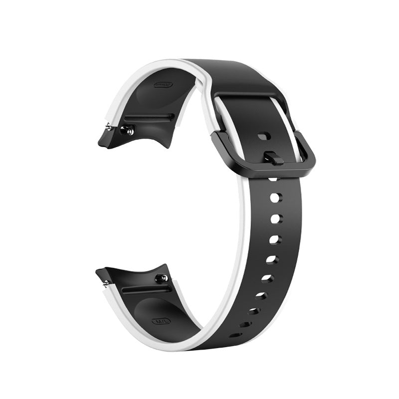 Two-tone black and white silicone watch band with adjustment holes and black buckle clasp for smartwatch replacement strap