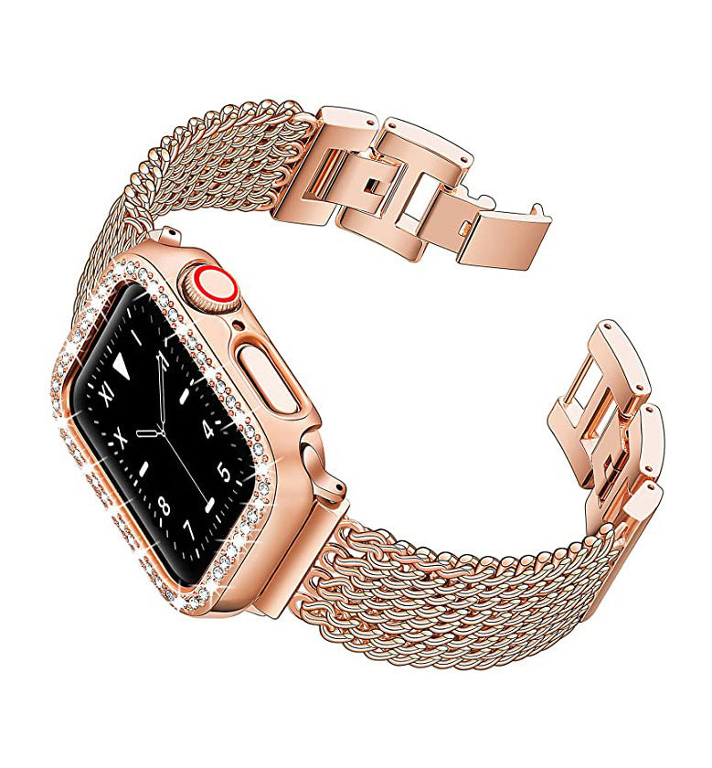 Rose gold mesh chain bracelet smartwatch with diamond-encrusted case and black dial face