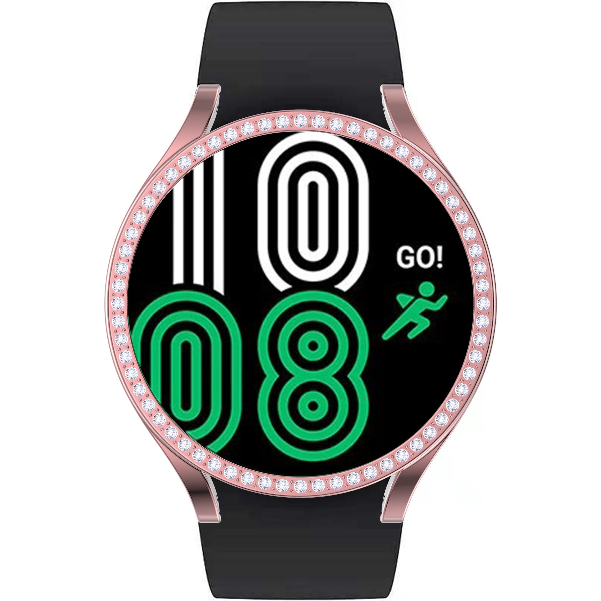 Rose gold smartwatch with diamond-studded bezel, black silicone band, and glowing green digital display showing time and fitness tracker icon