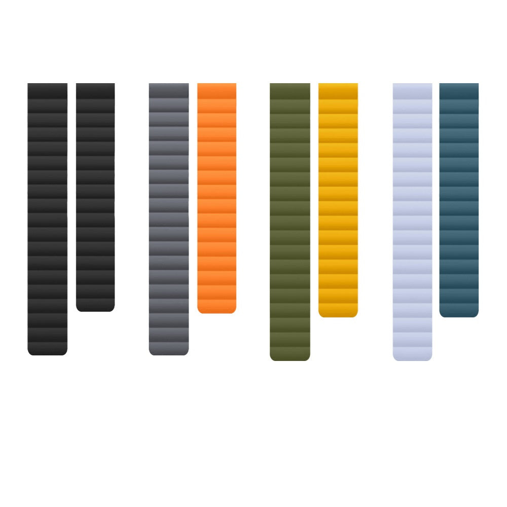 Fitbit Charge 5 and 6 magnetic silicone loop bands in black, grey, orange, olive, yellow, periwinkle, and teal colors
