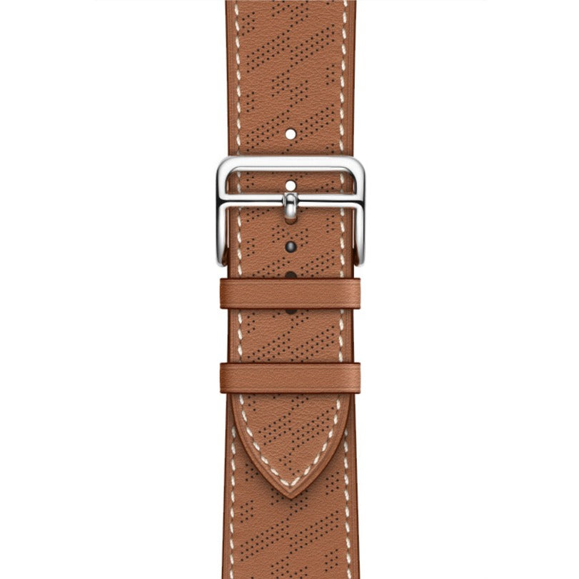 Brown perforated leather Apple Watch band with white stitching and stainless steel buckle, single tour style
