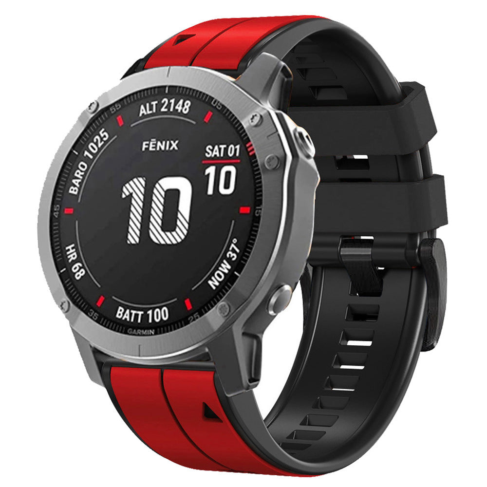 Garmin Fenix smartwatch with red and black silicone QuickFit band, digital display showing date and altitude metrics
