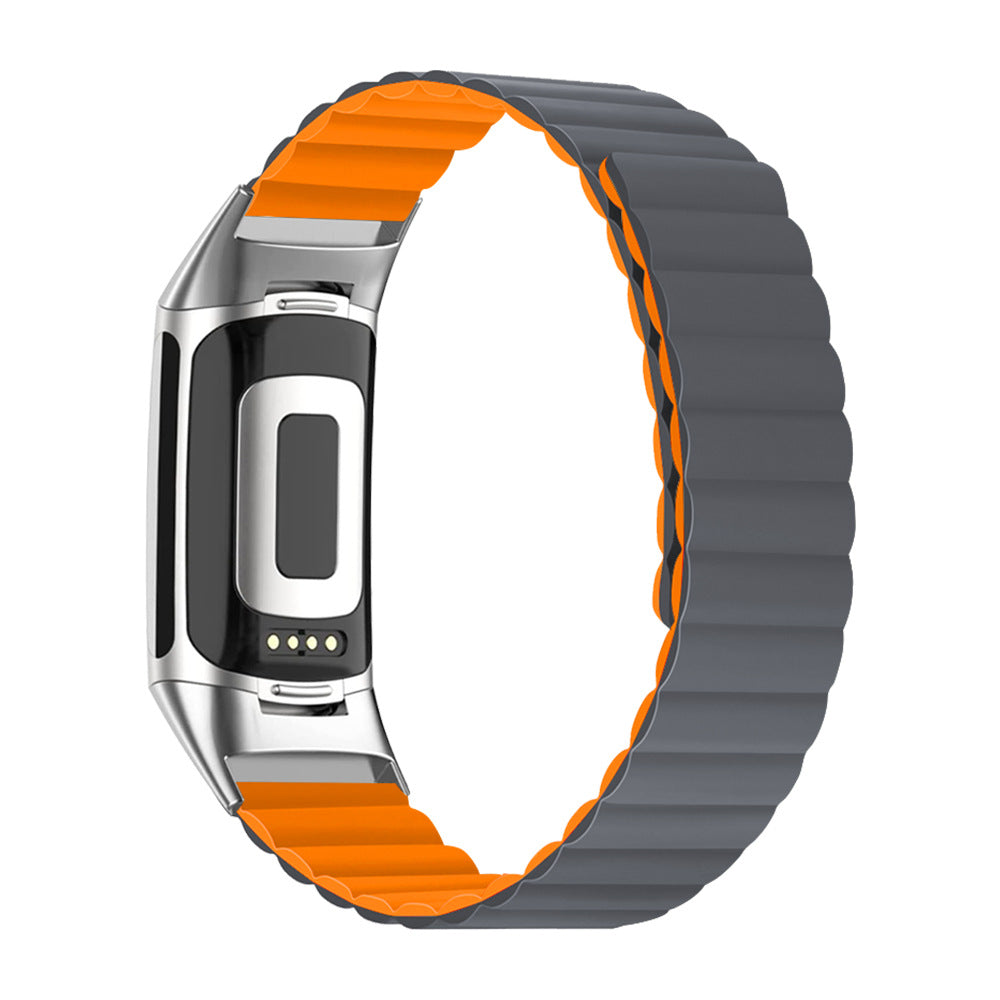 Fitbit Charge 3 and 4 fitness tracker with reversible magnetic silicone loop band in gray and orange