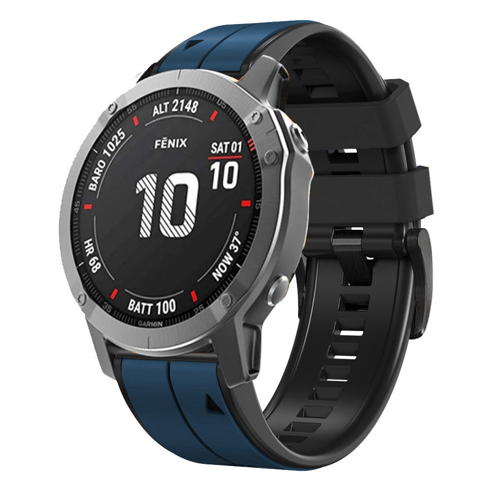 Garmin Fenix smartwatch with two-tone blue and black silicone QuickFit band, digital display showing date and altitude metrics