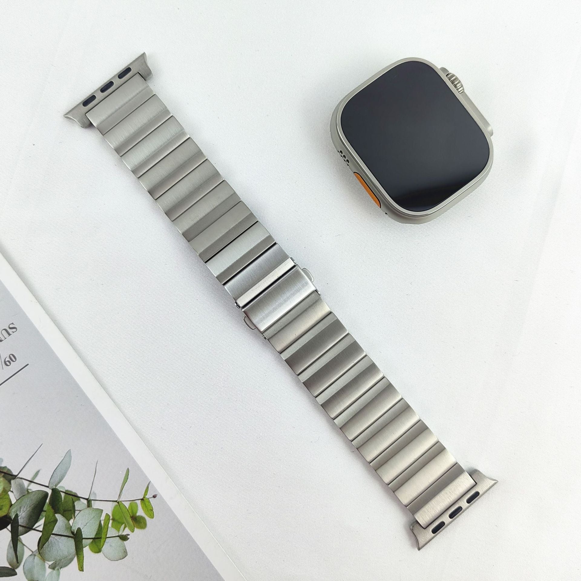 Titanium link bracelet band for Apple Watch with magnetic closure and square titanium case smartwatch