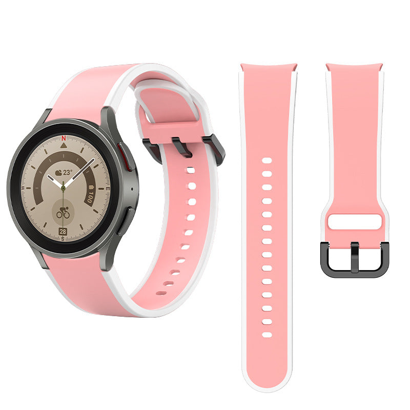Smartwatch with pink and white silicone band replacement straps, adjustable sport watch strap set with black buckle