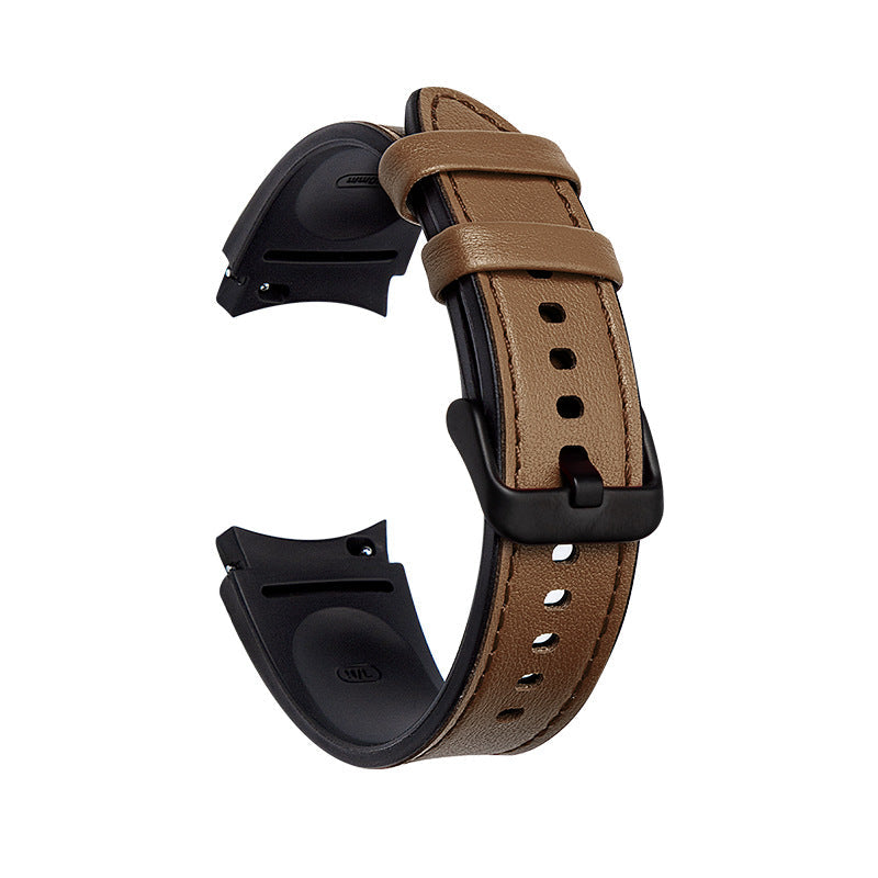 Hybrid smartwatch band with tan leather strap, black rubber lower section, black buckle and keeper, displayed with detached connector piece