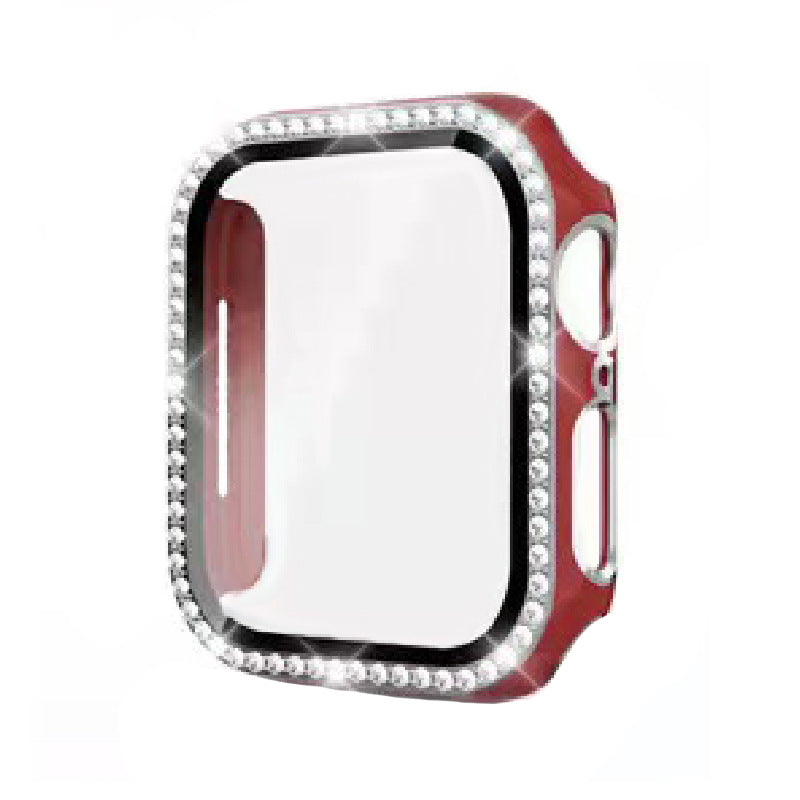 Red diamond-studded protective case with clear screen for Apple Watch, featuring crystal rhinestone border and slim design