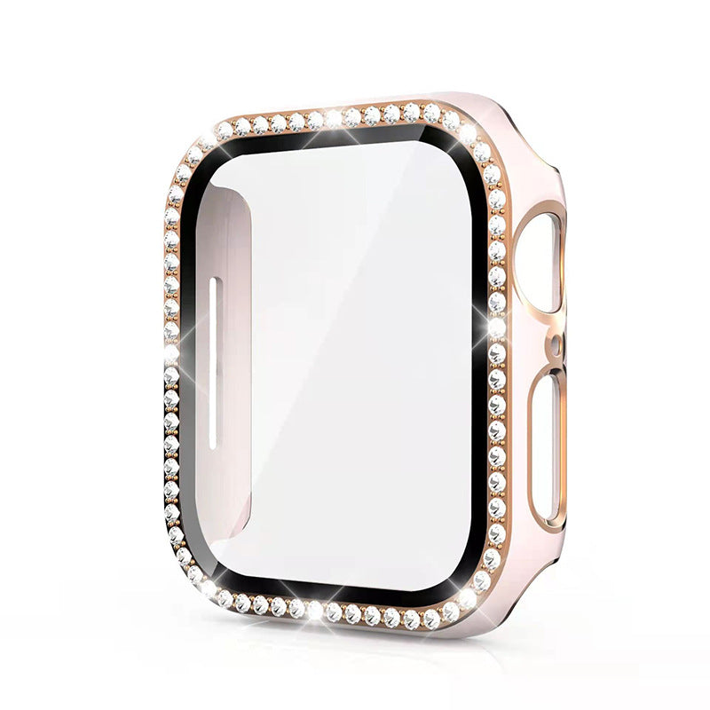 Rose gold diamond-studded protective case for Apple Watch with crystal rhinestone bezel and built-in screen protector