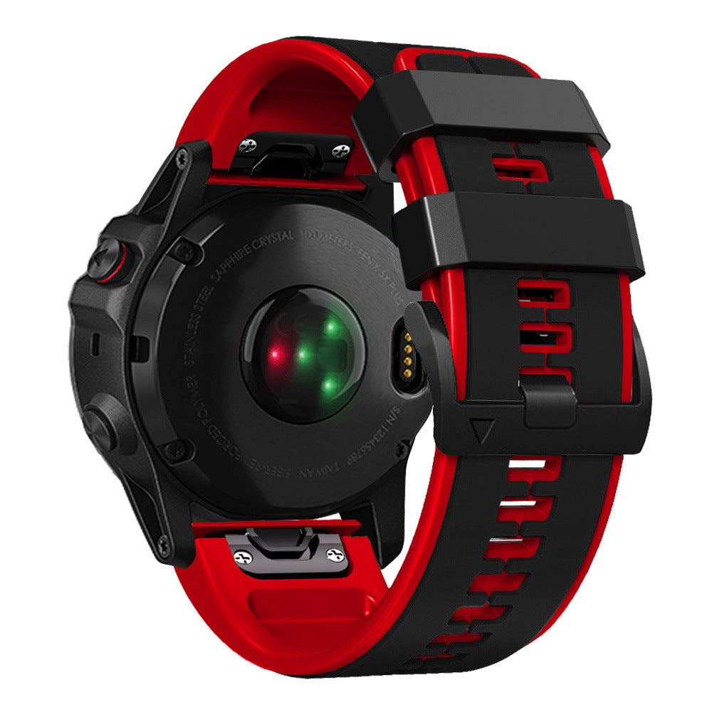 Black and red silicone smartwatch with QuickFit band, sapphire crystal display, and LED indicators for fitness tracking