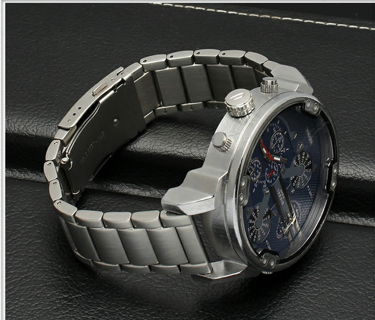 Stainless steel bracelet with deployant clasp, 26mm to 30mm width, polished finish on black leather background