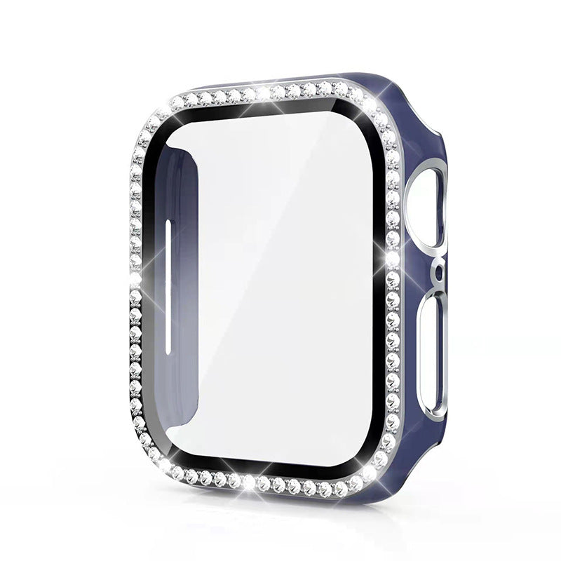 Navy blue smartwatch case with crystal rhinestone bezel and screen protector, protective bumper frame