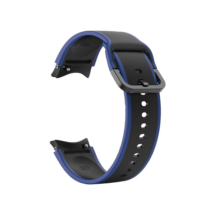 Blue and black two-tone silicone smartwatch band with gray buckle and adjustment holes