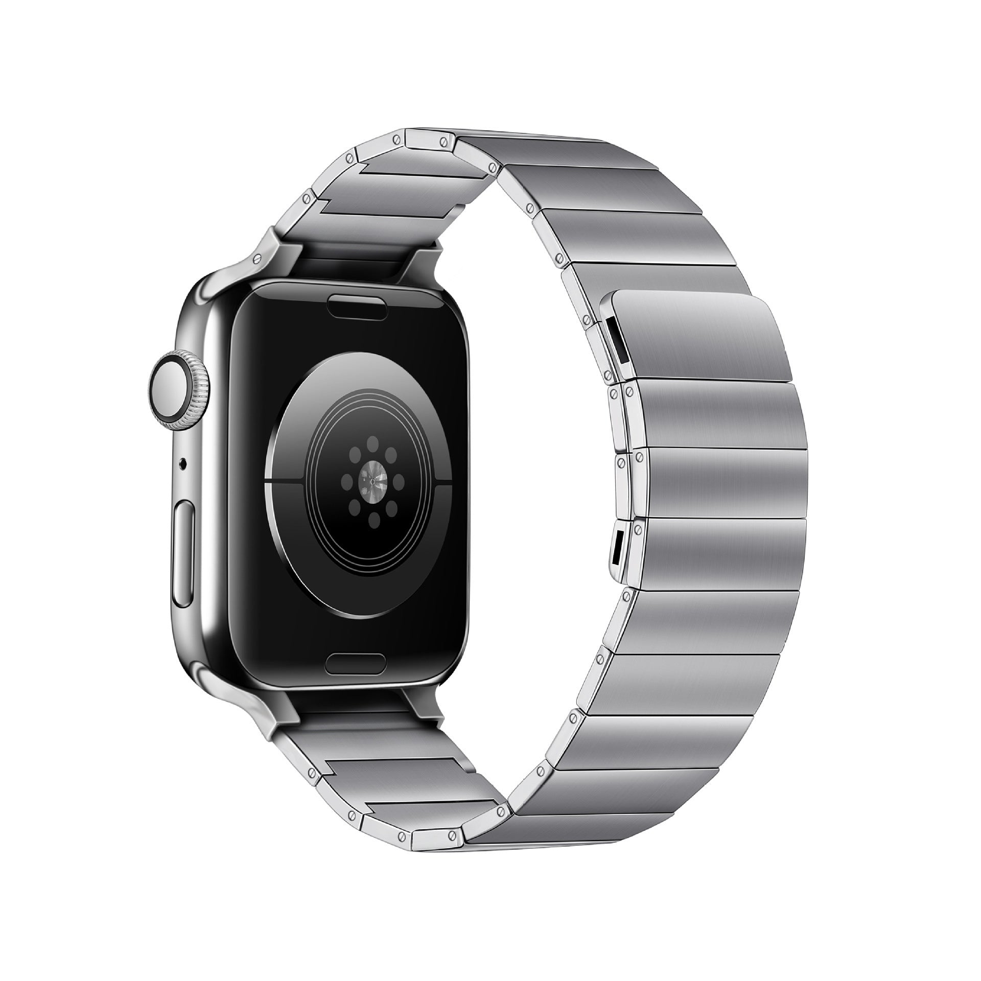 Silver stainless steel smartwatch with magnetic metal band and digital display on white background