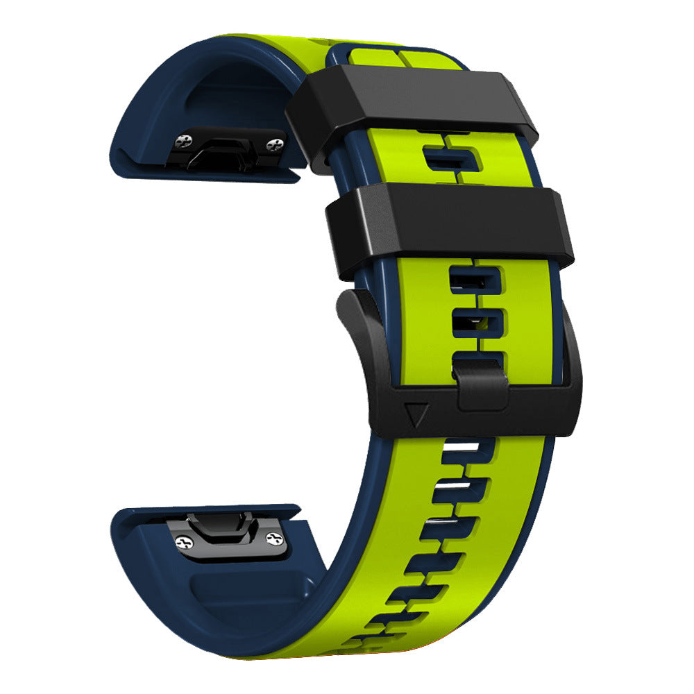 QuickFit Flexi silicone watch band two-tone neon yellow and navy blue with black keeper loops and metal connectors