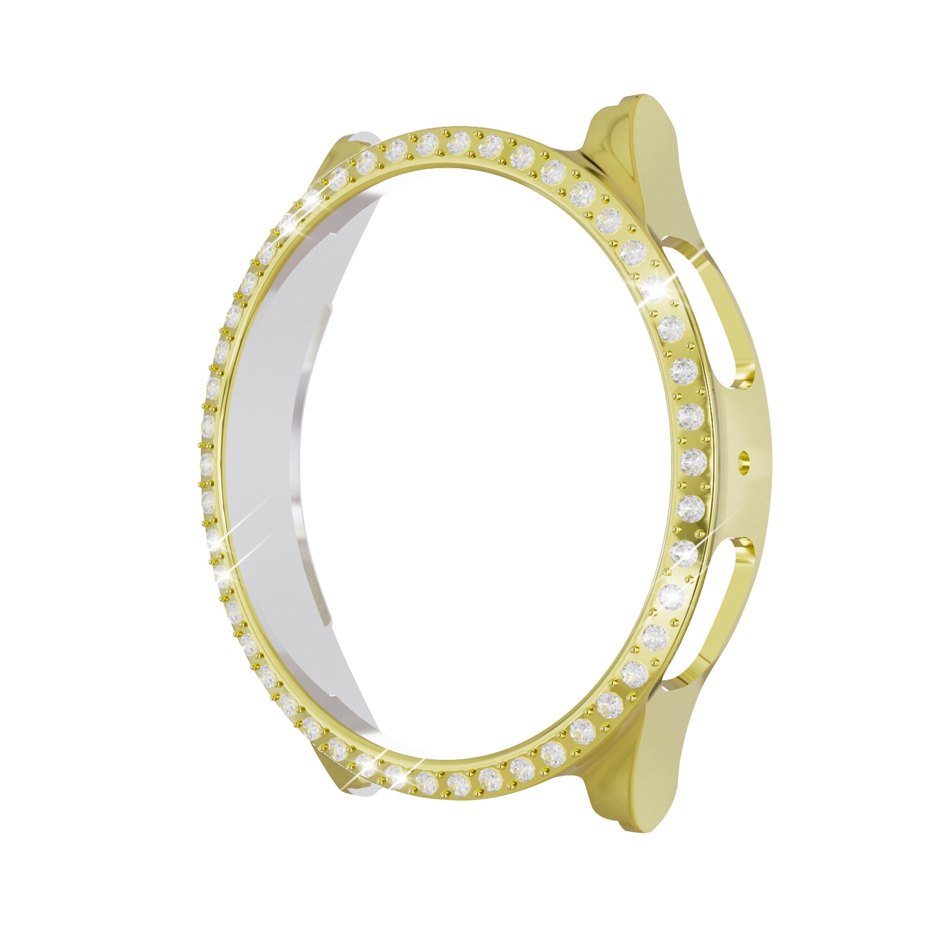 Gold protective case with rhinestone crystals for Galaxy Watch 4 and 5, featuring elegant sparkle bezel guard and secure fit design