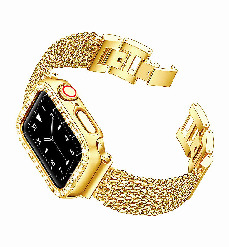 Gold chain mesh bracelet for Apple Watch with diamond-studded case and black dial face on white background