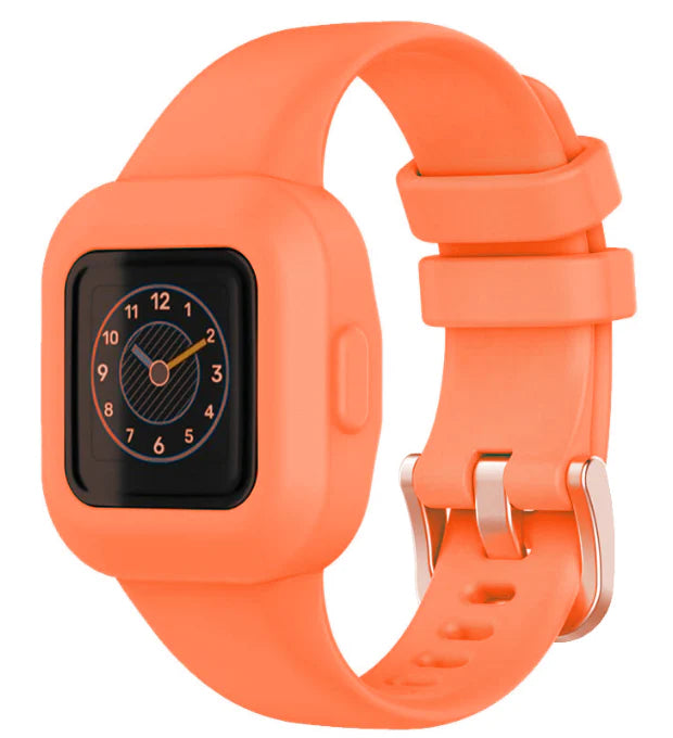 Bright orange silicone smartwatch with digital clock face display and adjustable strap for kids