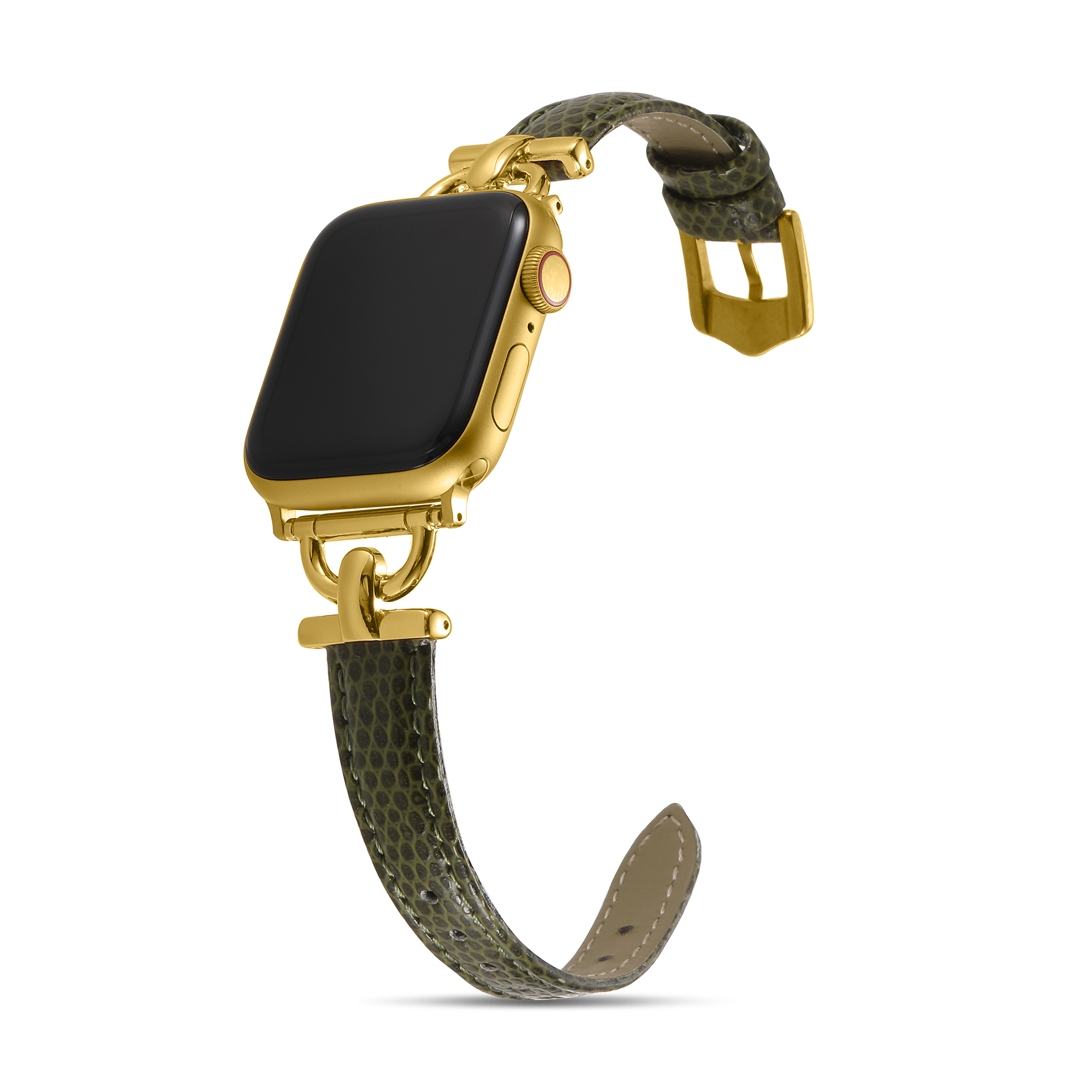 Gold plated smartwatch with olive green leopard print leather strap and matching interchangeable band loop