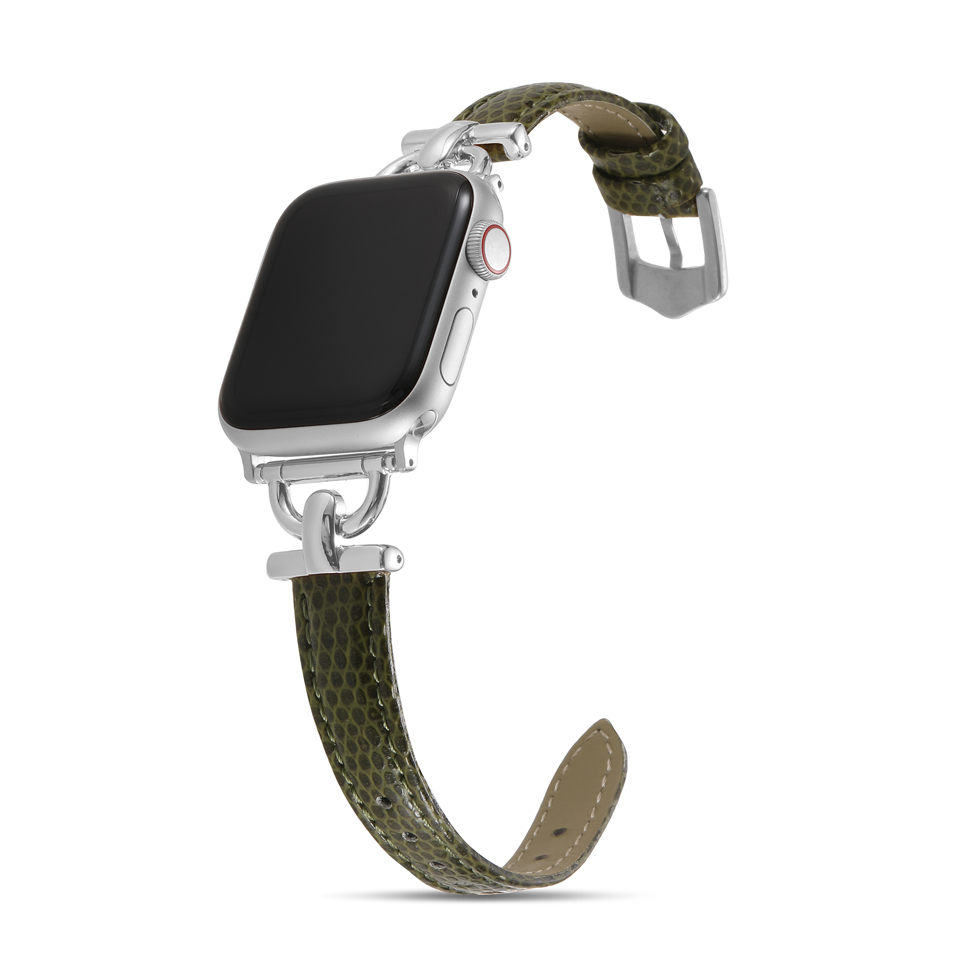Silver Apple Watch with olive green camouflage leather band and metal clasp connector on white background