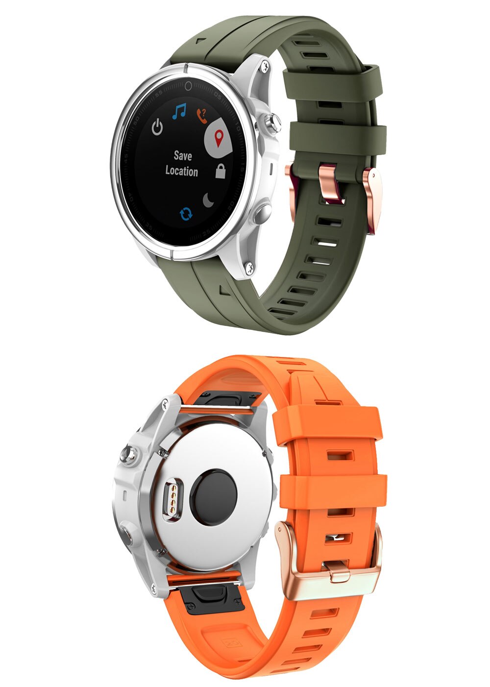 Sports smartwatch with olive green and orange silicone bands, white case, featuring location save function and fitness tracking display