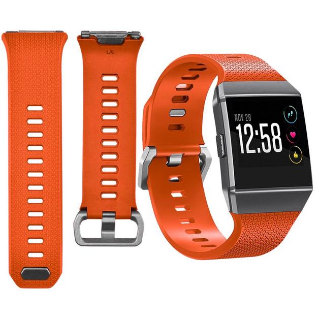 Orange silicone sport bands and Fitbit Ionic smartwatch with black display showing time 12:58