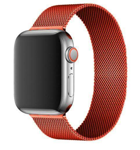 Silver smartwatch with black display and orange mesh Milanese loop band on white background