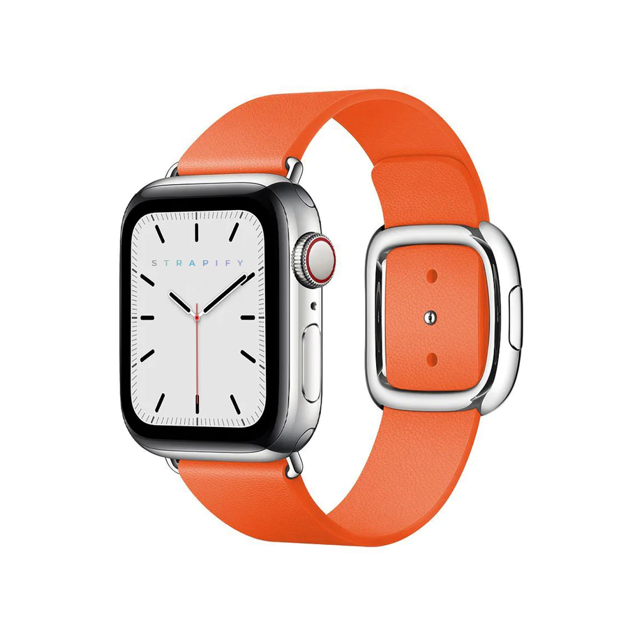 Silver stainless steel smartwatch with white dial and orange leather band featuring modern buckle closure