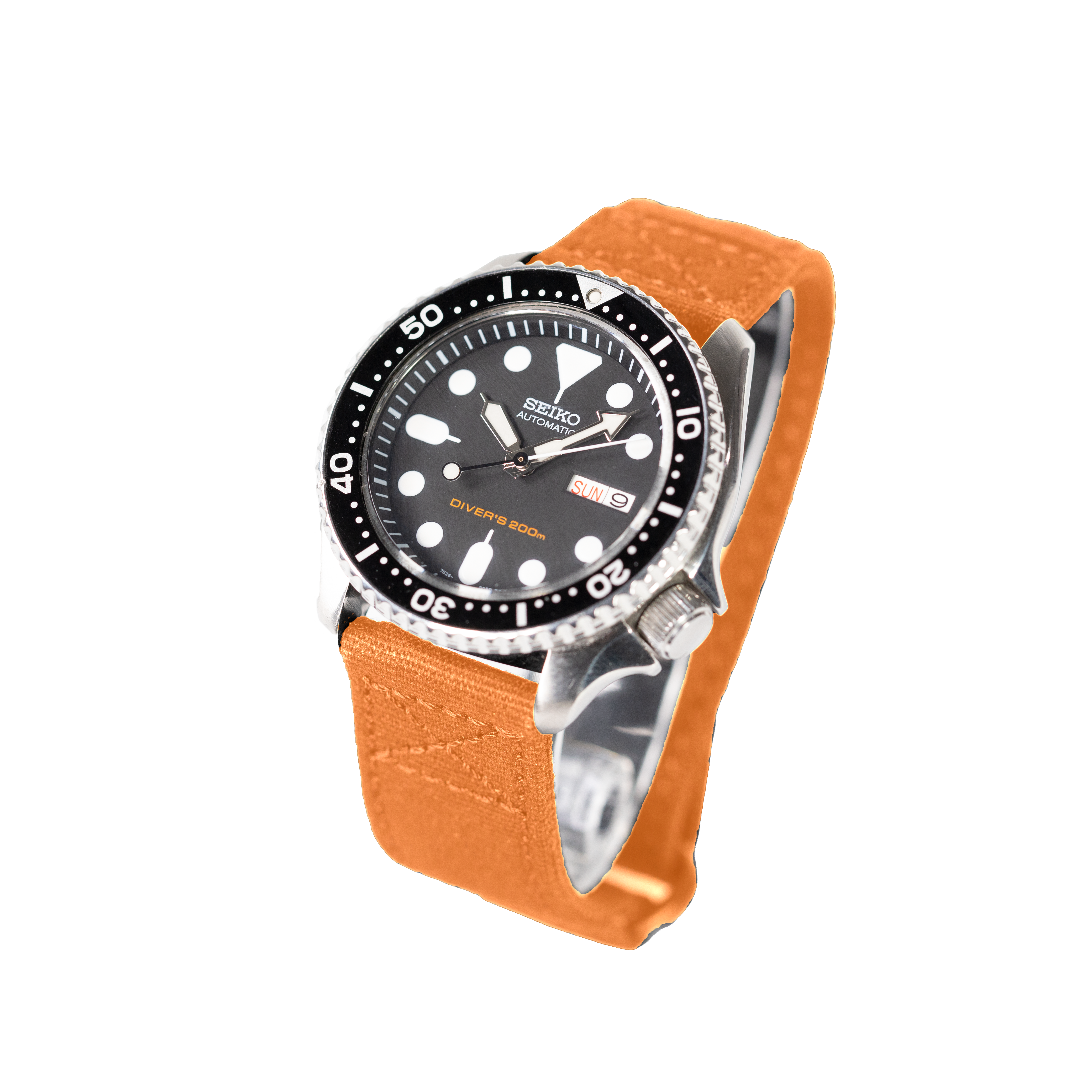 Seiko automatic dive watch with black dial, orange fabric strap, and quick release military velcro, 200m water resistance