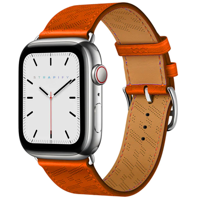 Orange perforated leather watch band with single tour design, silver buckle hardware, compatible with Apple Watch